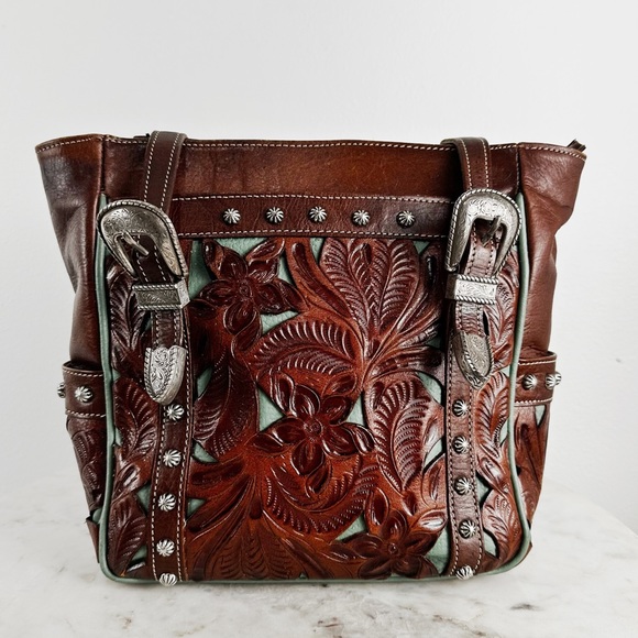 American West Desert Flower Zip Top Tote Tan Brown And Turquoise - Picture 2 of 7
